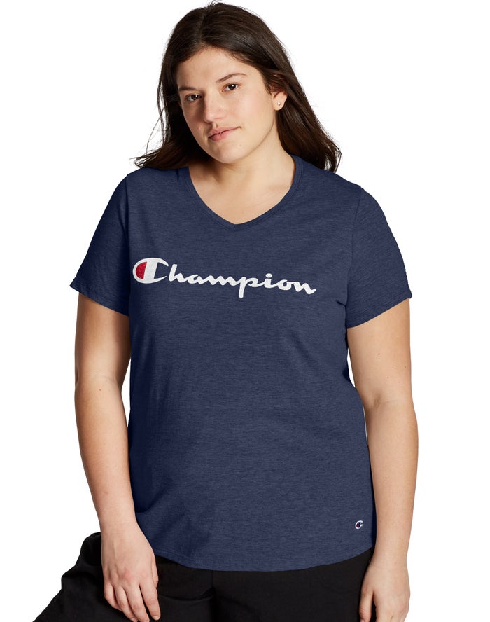 Champion Womens T-Shirt NZ - Plus Jersey V-Neck Script Logo Navy ( 3689-KUXWV )